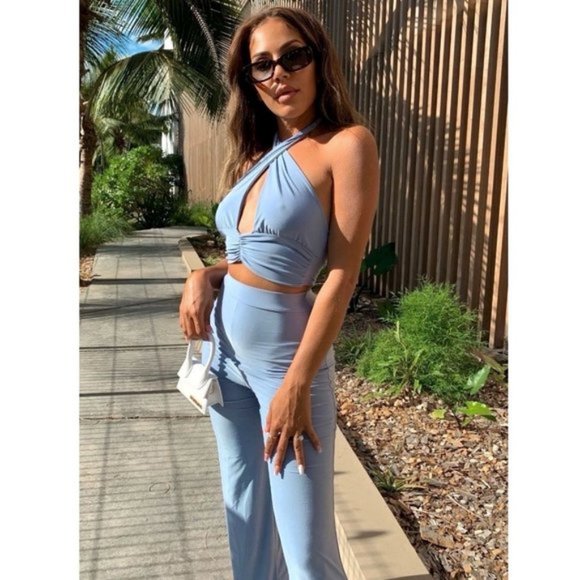 Blue Sleeveless Halter Neck Crop Top and High Waist Wide Leg Pants Two Piece Set - Picture 8 of 12